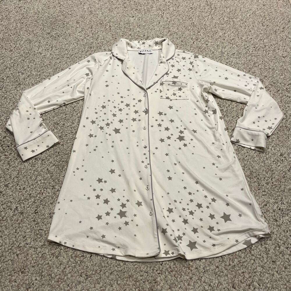 Mason Grey Button Front Nightshirt L White Stars Loungewear Cozy Casual